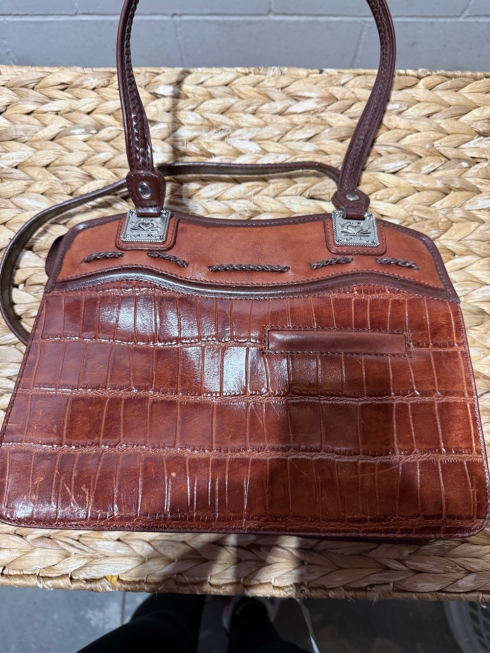 Brown Croc-Embossed Leather Shoulder Bag